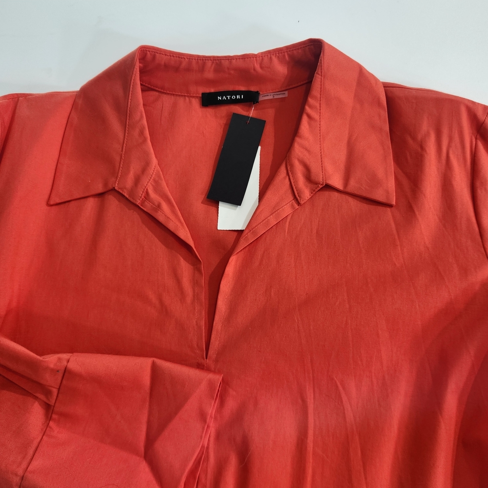 Natori Women's Collared Tunic Blouse Size S Cotton Poplin Tie Front Orange 01 - Picture 3 of 16
